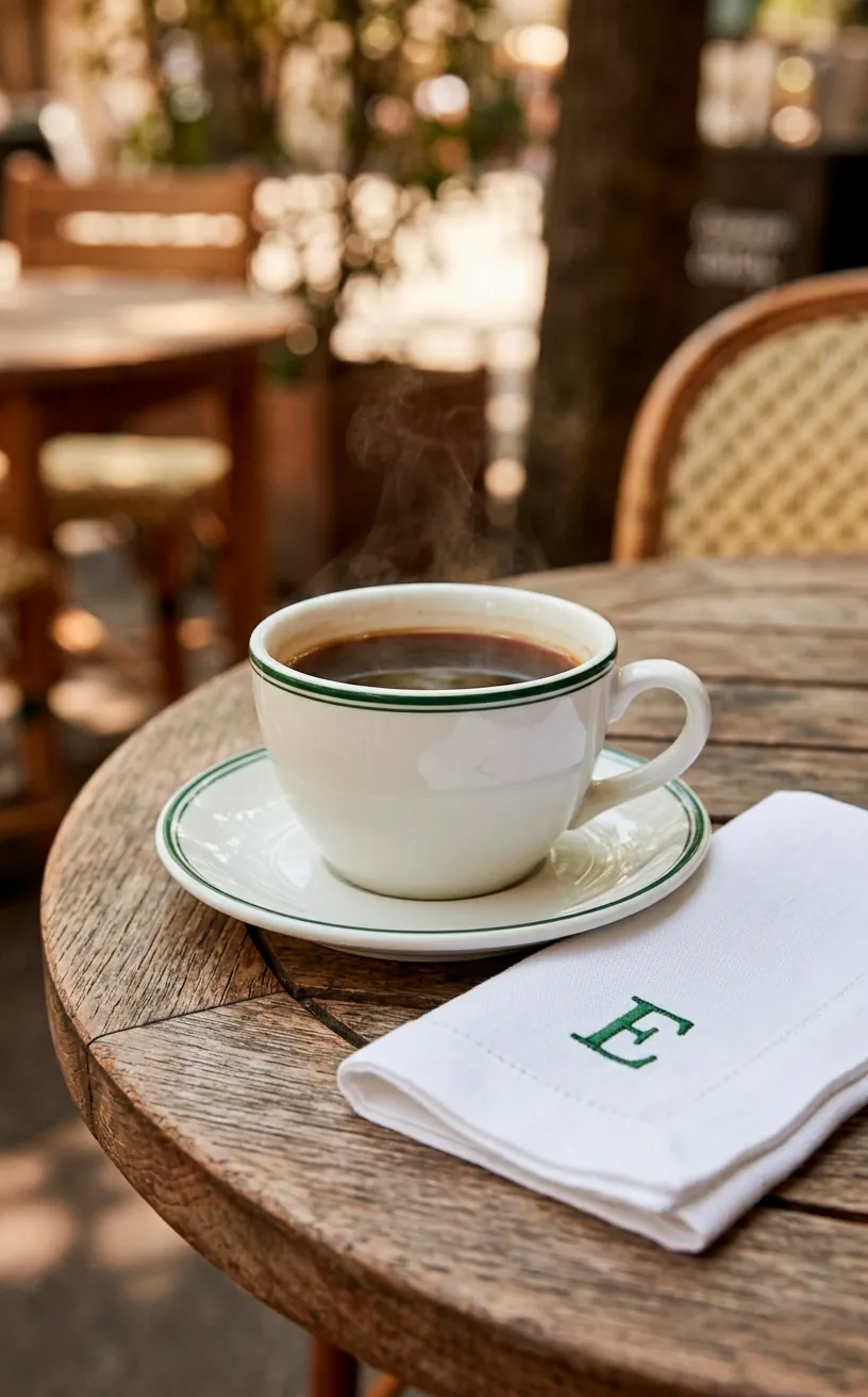Thick white porcelain cafe cup and monogrammed linen napkin on a round porch table.