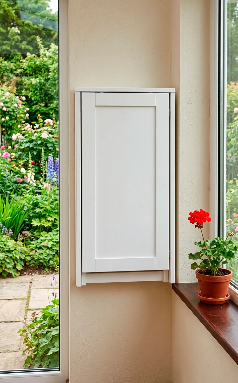 White wall-mounted drop-leaf dining table folded flat against the wall beneath a window.