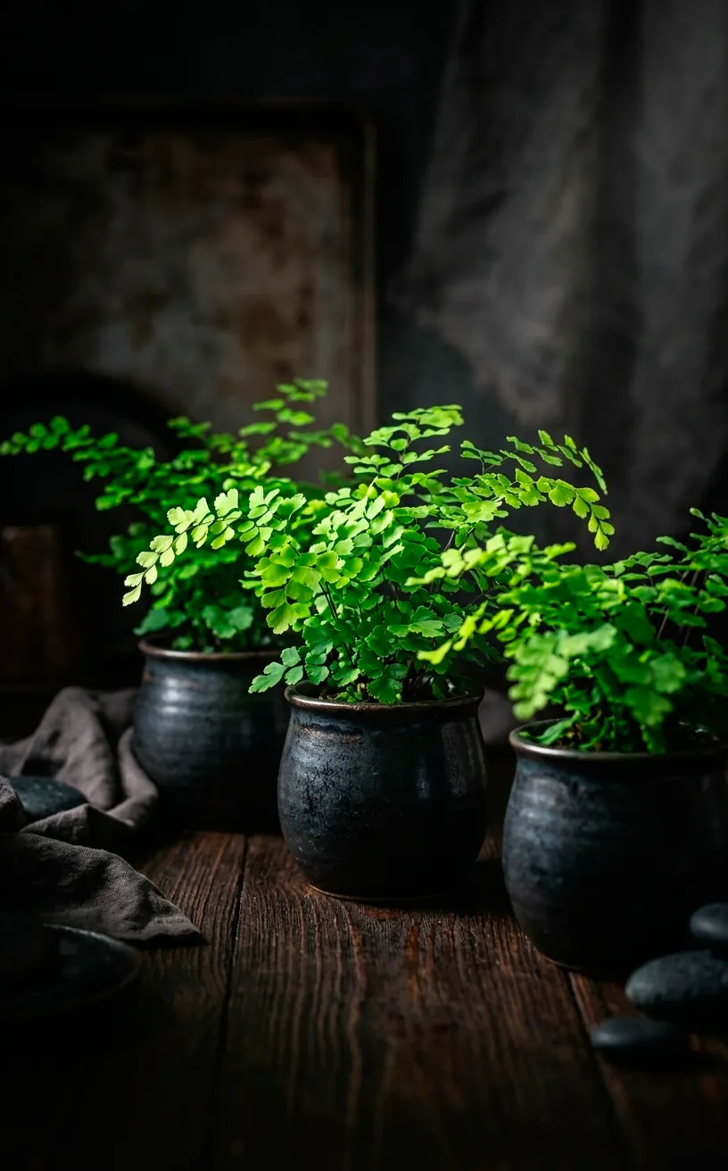 Small potted ferns used as natural table decor in a moody room.