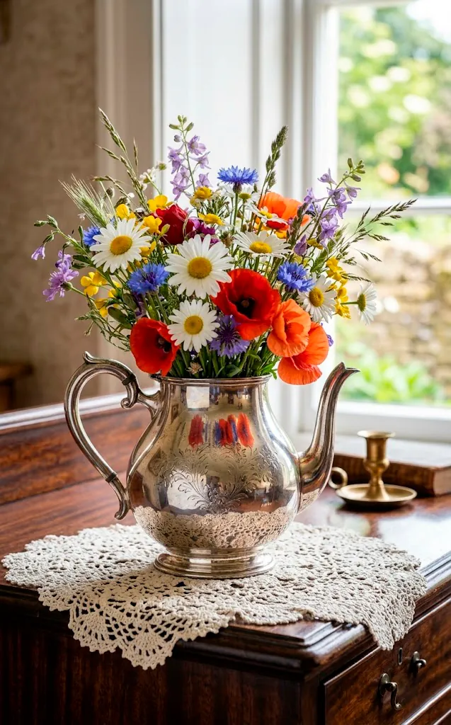 Antique silver teapot used as a vase for colorful wildflowers.