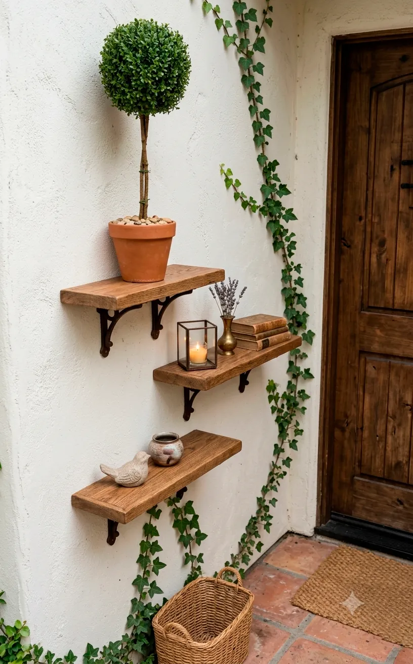 Asymmetrical staggered floating shelves displaying diverse outdoor decor on a small front porch wall.