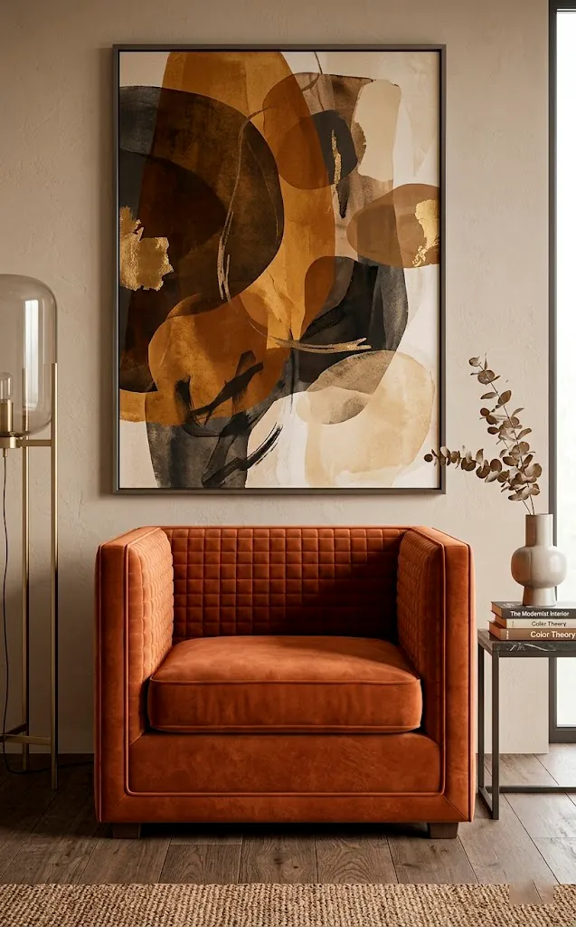 Terracotta velvet tuxedo chair with a boxy frame and quilted detail.