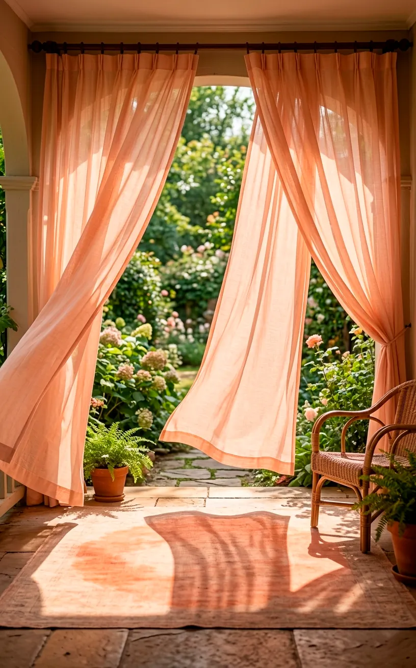 Sheer peach outdoor curtains blowing in the breeze on a porch.