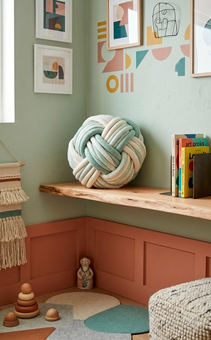 Sculptural grey braided knot throw pillow made of soft jersey knit sitting on a wooden shelf.