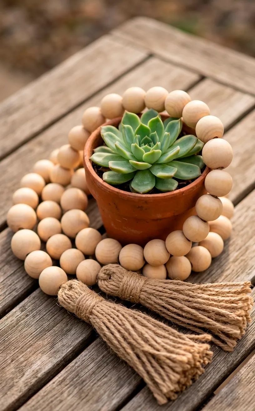 A natural light wood bead garland with jute tassels decorating a balcony table.