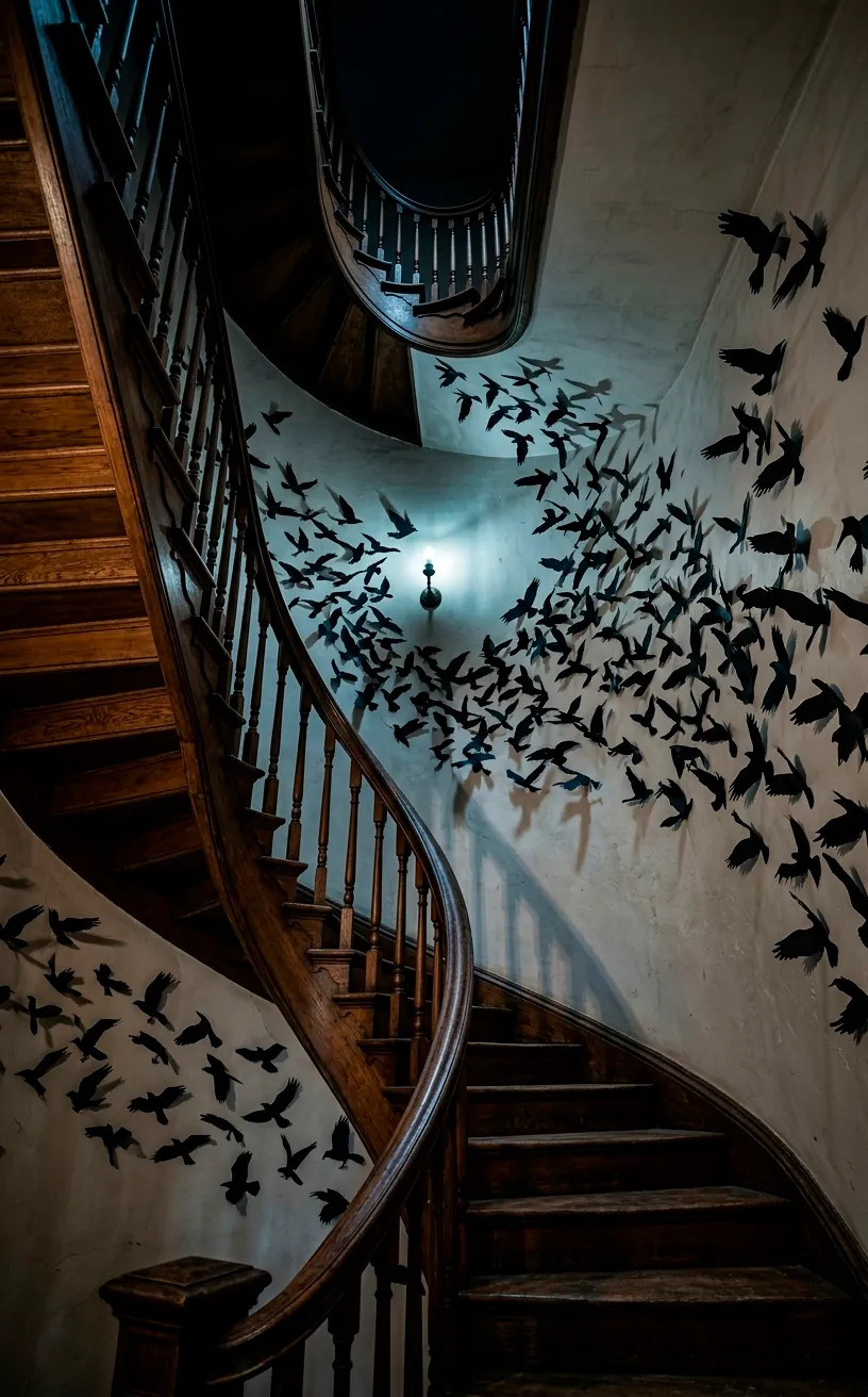 Black paper crow silhouettes arranged as if flying up a wooden staircase wall.