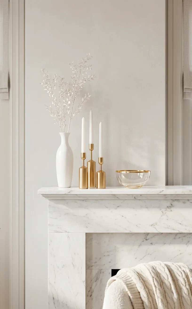 Elegant white marble mantel with gold candle holders and white porcelain vases in natural light.