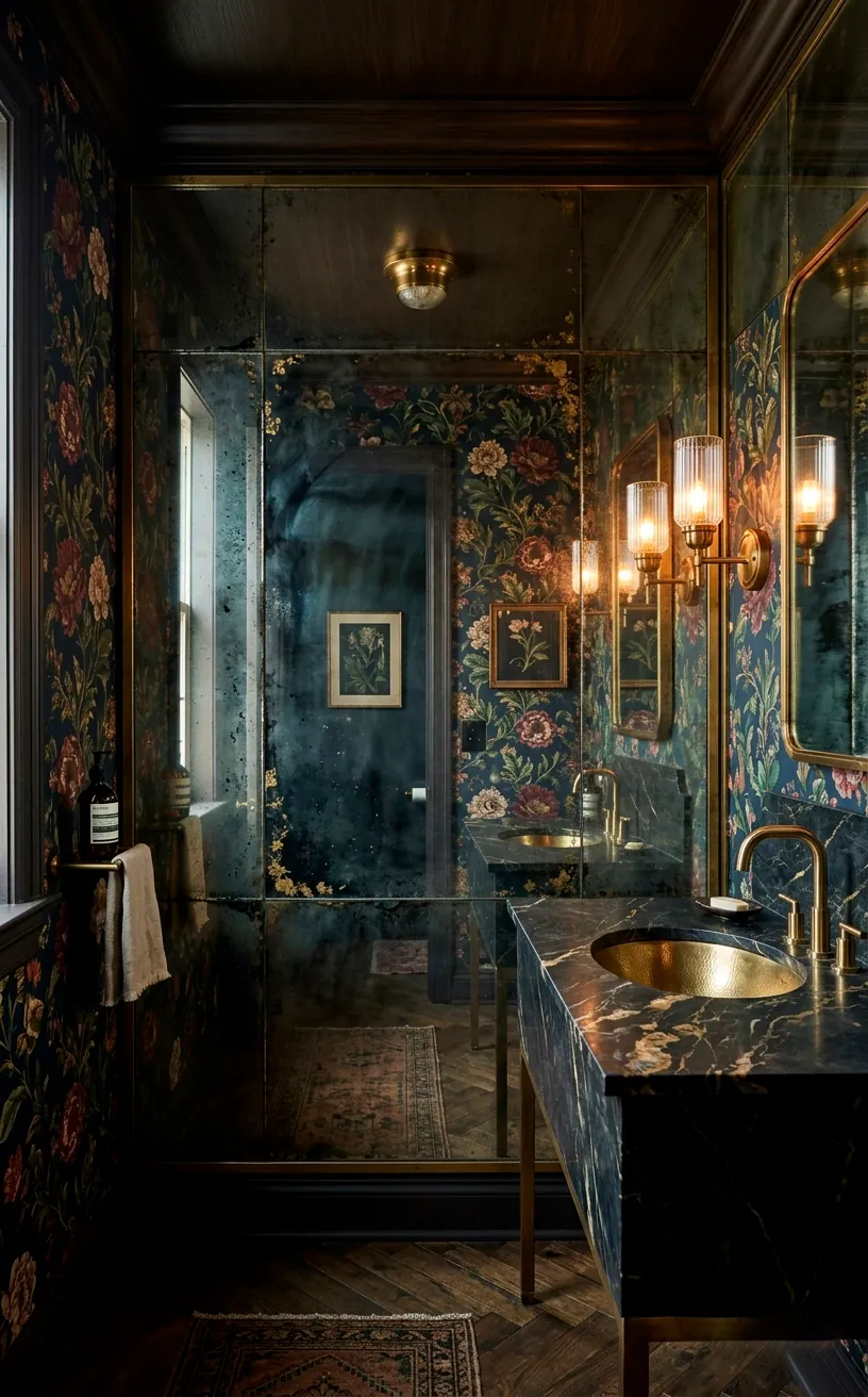 Antique floor-to-ceiling mirror reflecting a dark marble vanity in a moody powder room
