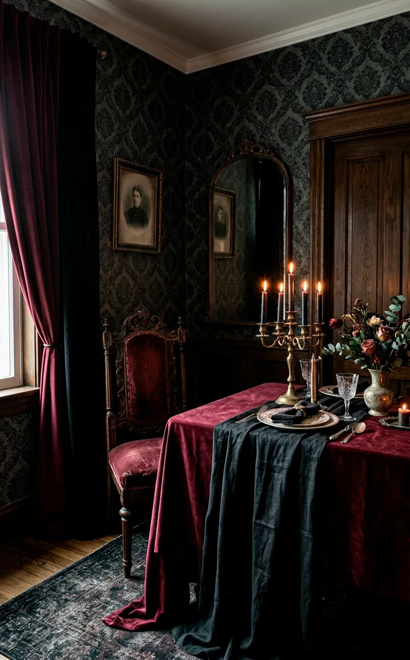Moody gothic dining room setup with draped dark fabrics and deep plum colors