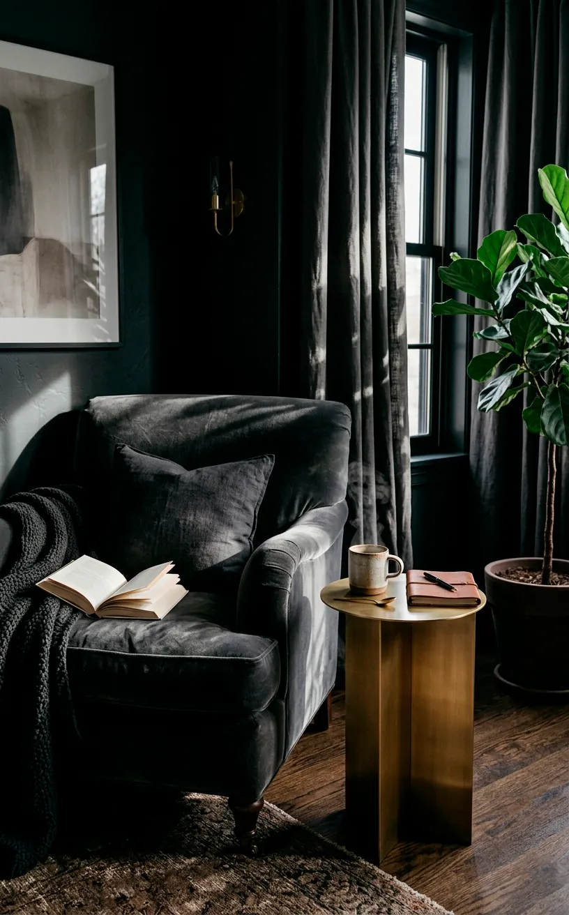 Deep charcoal velvet armchair in a moody grey bedroom reading nook with brass accents