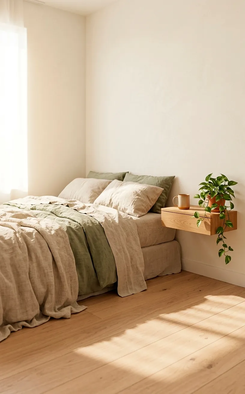 Vertical shot of a bed tucked into a corner of a small bedroom with sage green linens and plants.