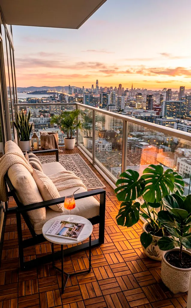 Modern balcony floor featuring rich interlocking acacia wood deck tiles and a sleek lounge chair