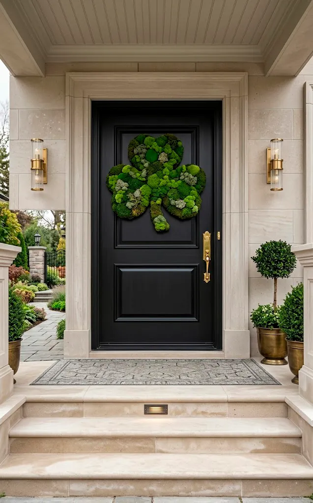 Luxury matte black door with a thick textured moss shamrock wreath and brass hardware.