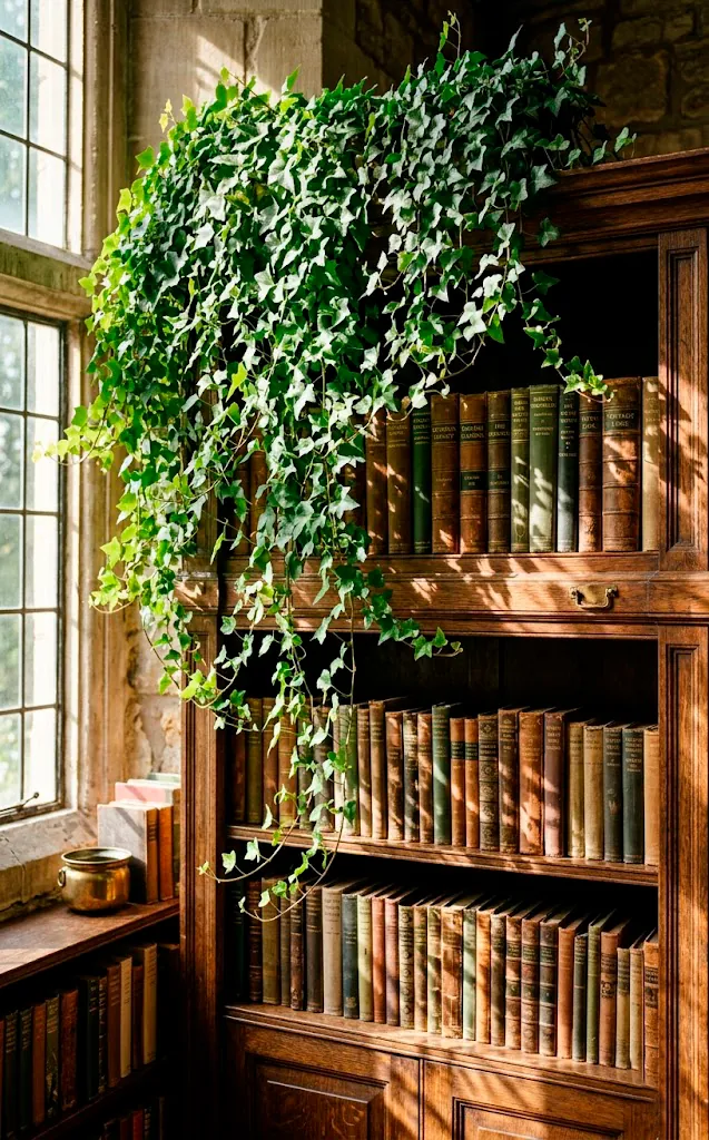 Lush green English ivy cascading from the top shelf of an oak bookcase over vintage leather books.
