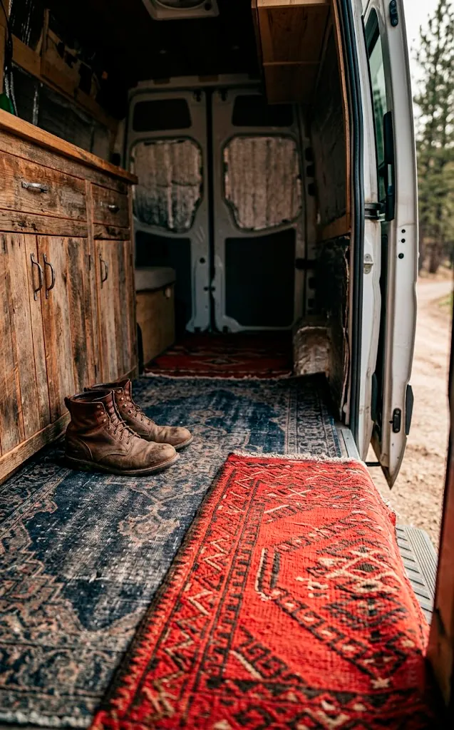 Close up of layered vintage rugs on a van floor with leather boots and wooden cabinetry.