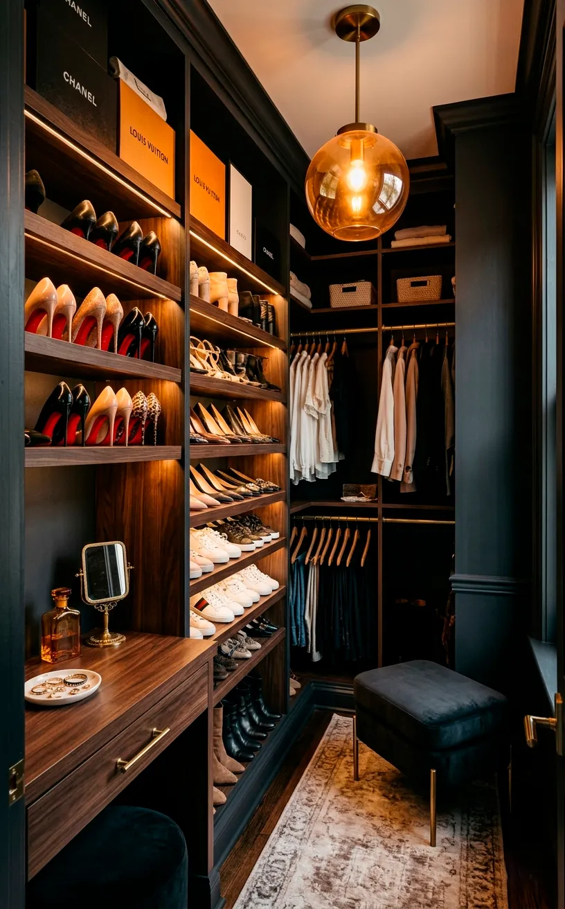 Deep charcoal painted small dressing room with brass hardware and warm amber lighting.