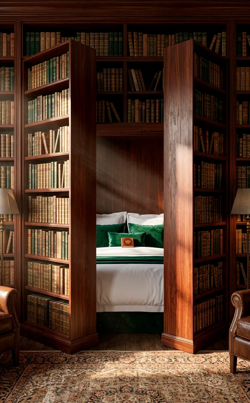 Vertical shot of a hidden bookshelf Murphy bed in a dark wood library setting.