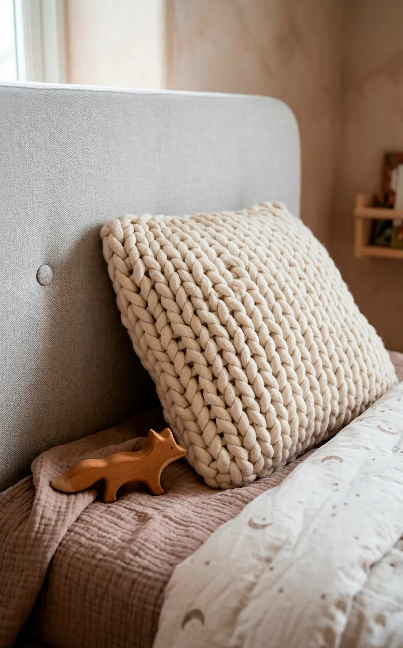 Close up of a cream chunky knit cotton throw pillow on a styled kids linen bed with natural lighting.