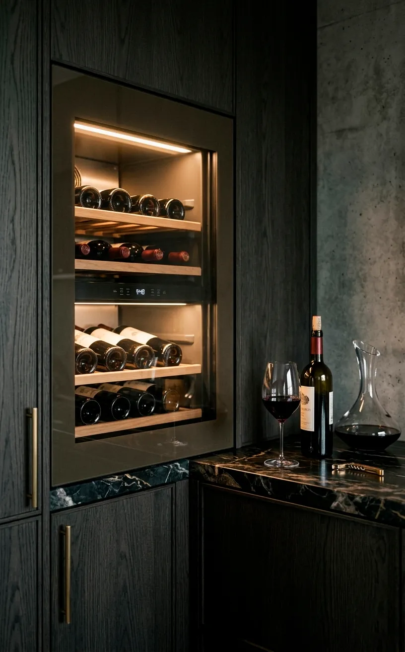 Sleek dual-zone wine cooler integrated into dark charcoal cabinetry inside a modern luxury home bar setup.