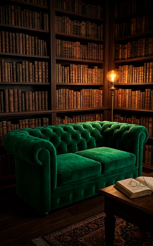 Classic emerald green velvet Chesterfield sofa with deep tufting in a vintage library setting.