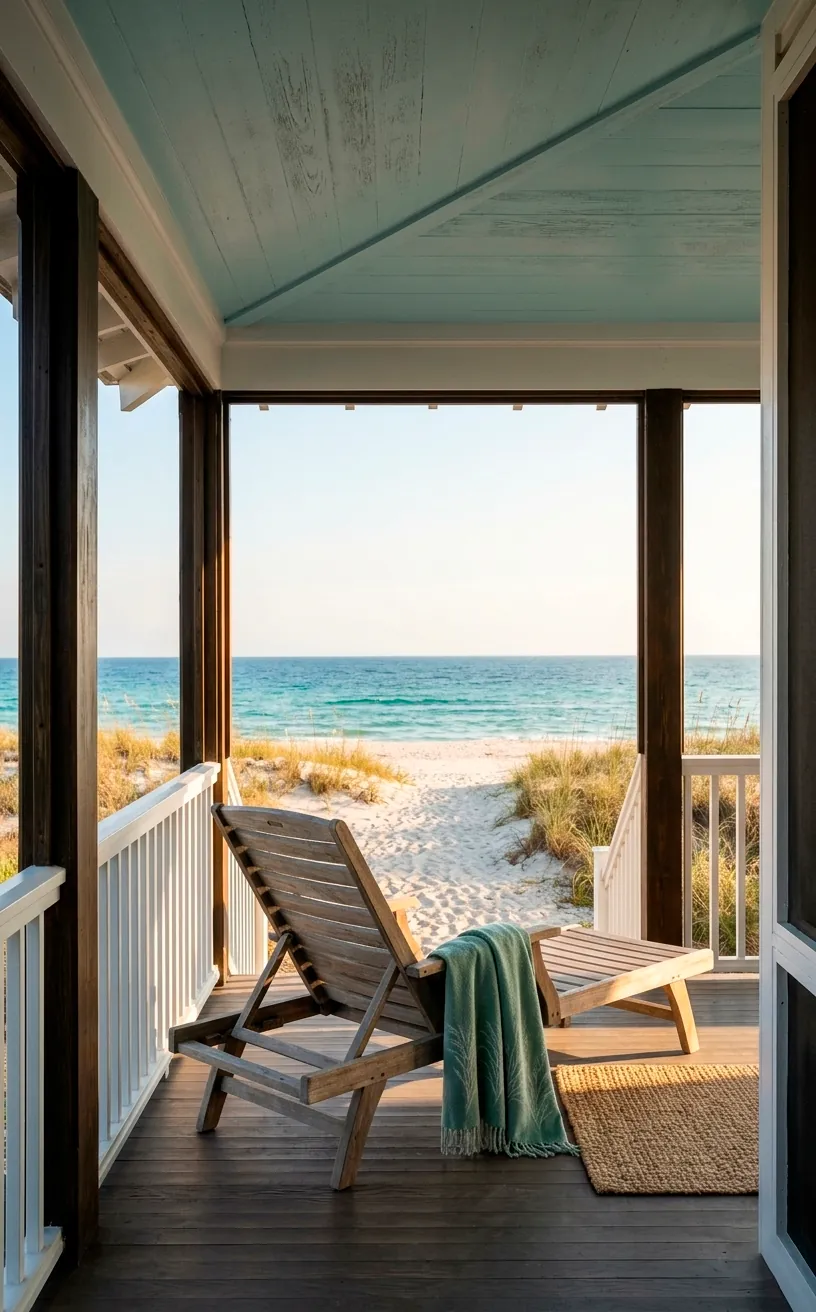 A sunlit coastal porch with a haint blue ceiling, white railings, and a teak lounge chair.