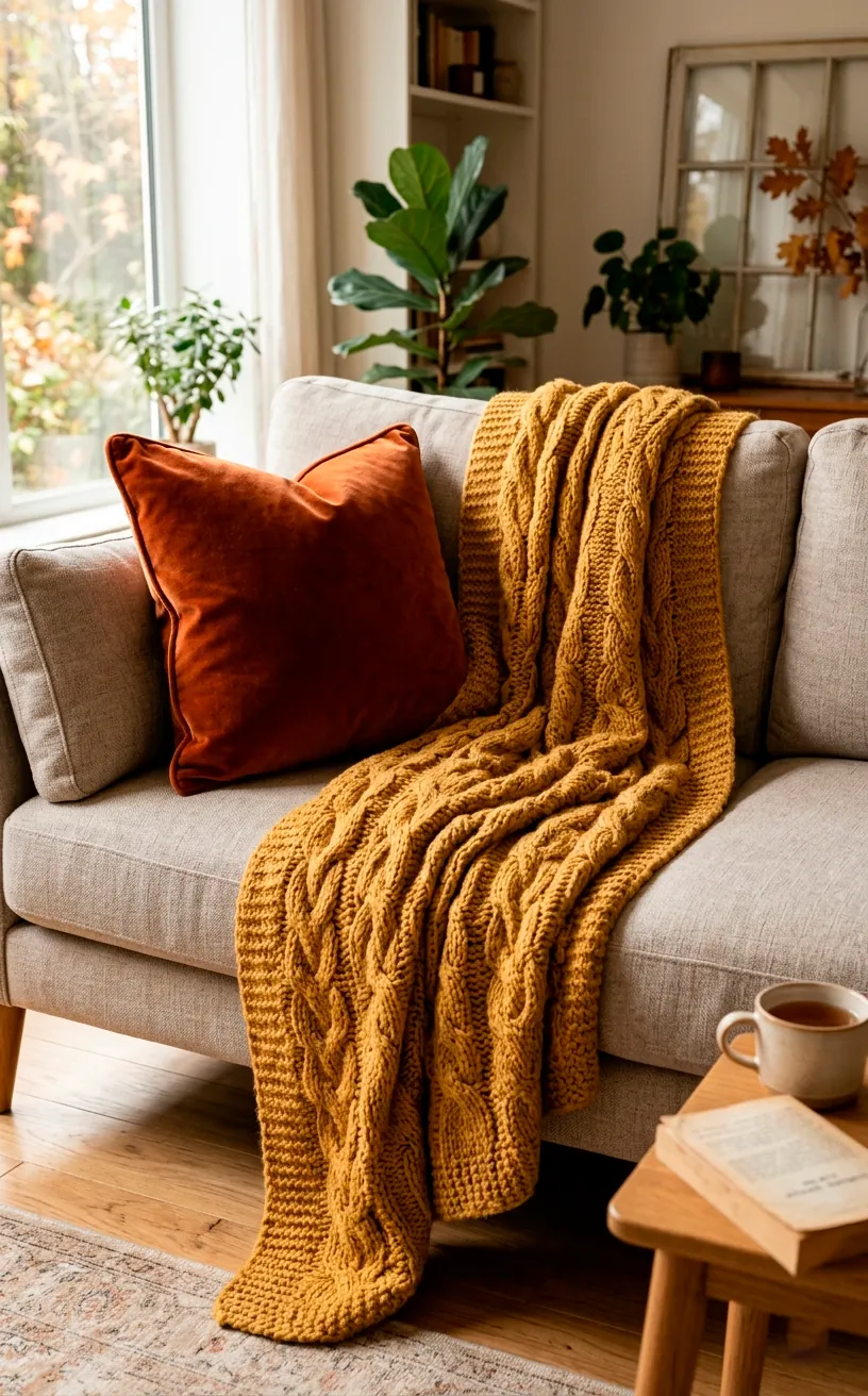 Burnt orange velvet pillow and chunky knit blanket on a sofa