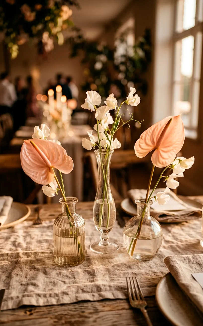 Three delicate glass stem vases holding blush pink flowers on a wedding table