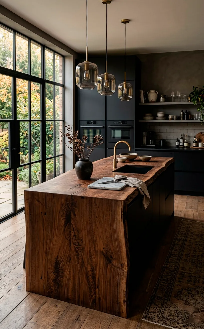 Luxurious moody kitchen featuring matte black cabinetry brilliantly contrasted against a raw-edge walnut wood island.