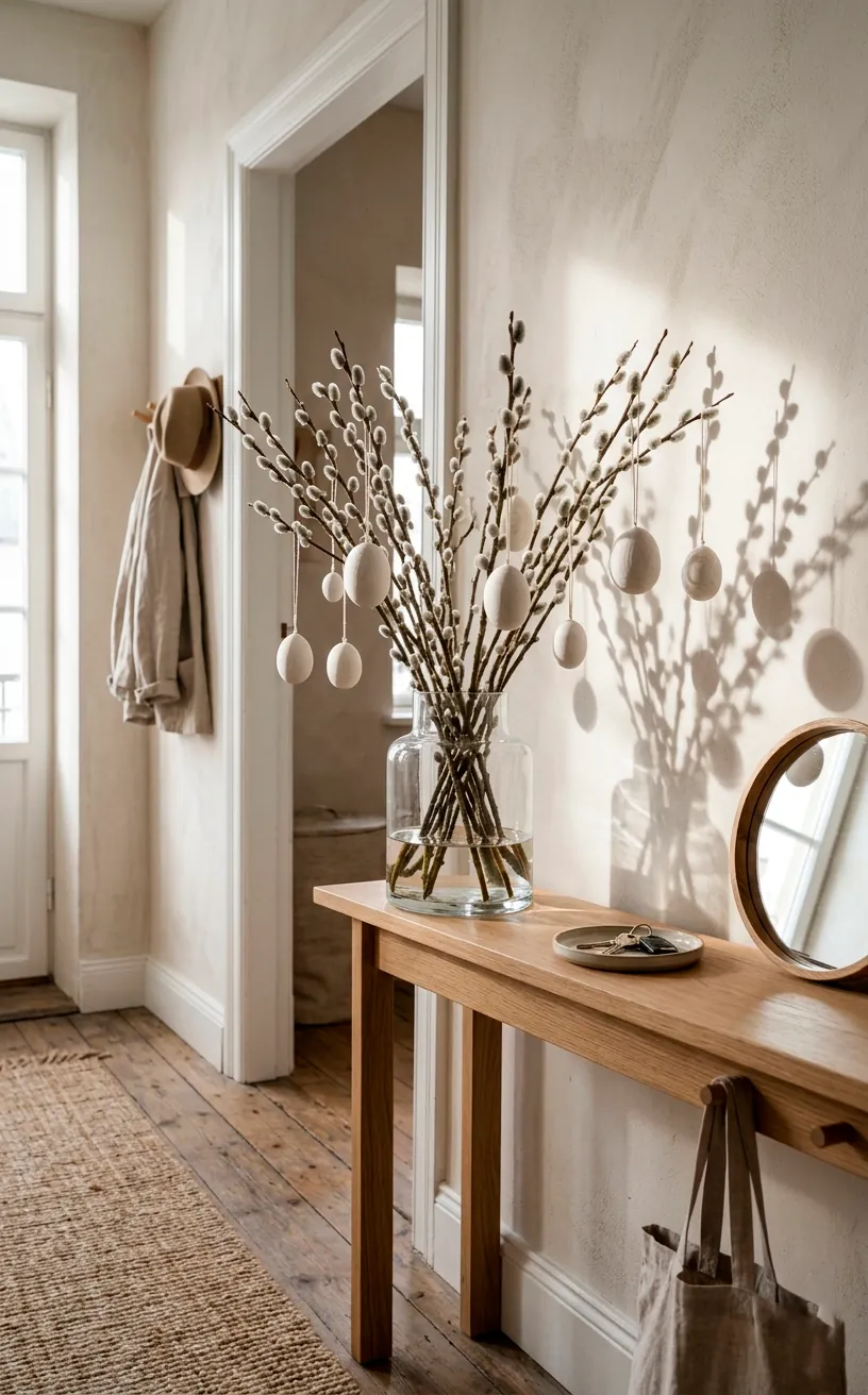 Clear glass vase holding pussy willow branches decorated with white eggs on a modern entryway console.