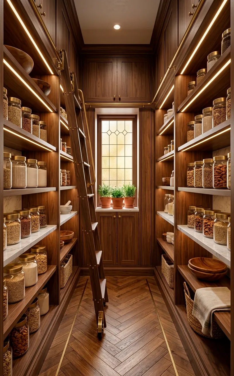 Luxury walk-in pantry with walnut cabinets, LED shelf lighting, and organized glass jars on marble surfaces.