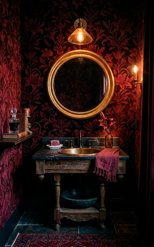 Burgundy velvet faux texture lily wallpaper in a luxurious moody bathroom