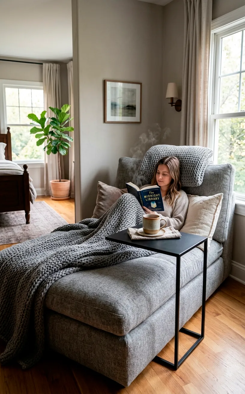 Oversized grey chaise lounge with a slim C-shaped side table holding tea