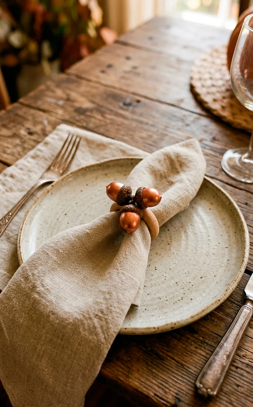 Linen napkin wrapped with a wooden ring featuring three metallic painted acorns.