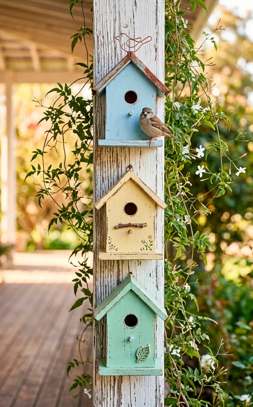 Pastel painted wooden birdhouses on a porch post with a small bird.