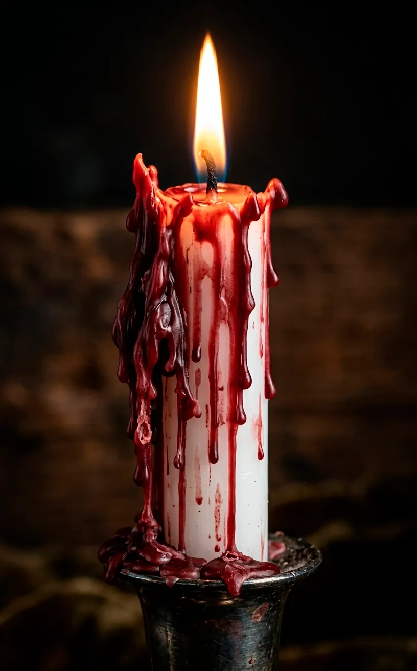 White taper candle with red wax drips looking like blood in a silver holder.