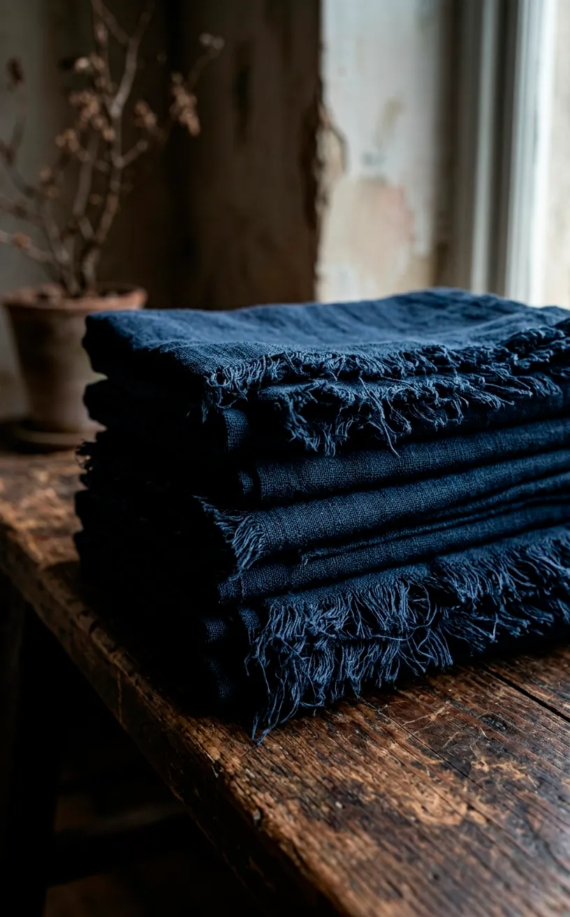 Dark navy linen napkins with raw frayed edges in a rustic setting.