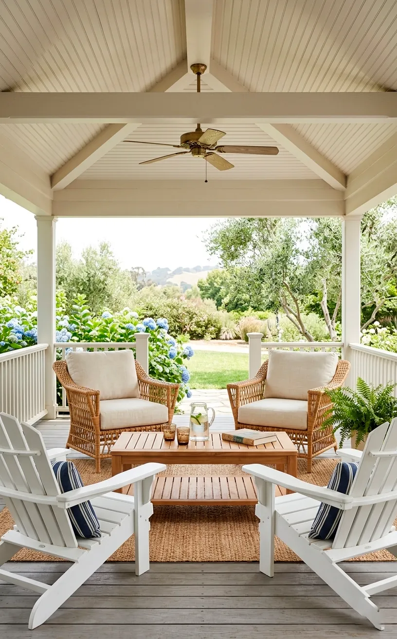Open-weave rattan chairs and a teak coffee table on a bright porch.
