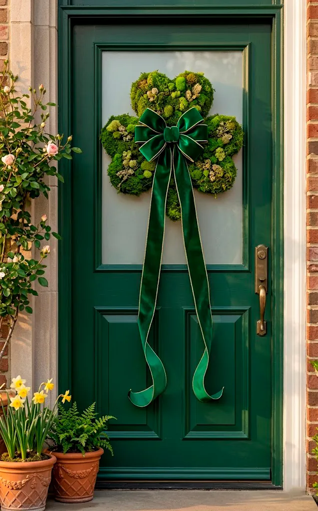 Moss shamrock wreath with long emerald velvet ribbon tails on a white designer door.