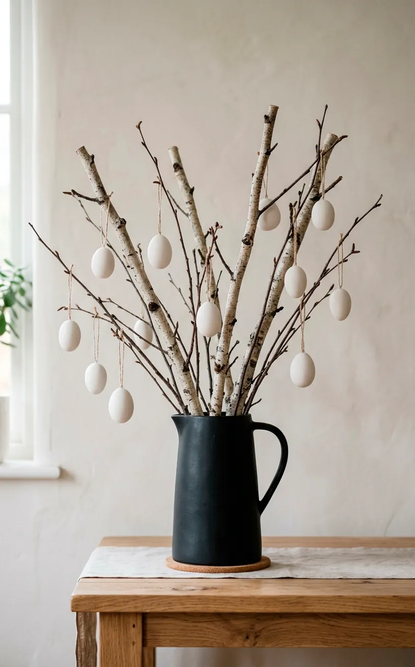 Matte black ceramic jug filled with birch branches and white eggs on a wooden side table.