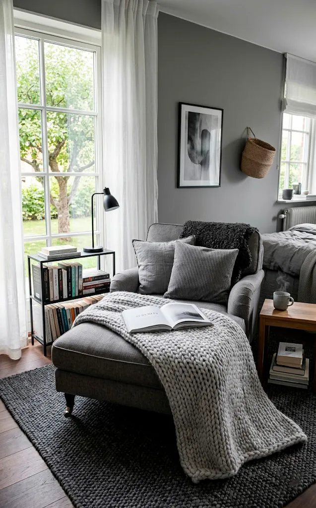 Ash-grey chaise lounge with silver blanket and slate rug in a monochromatic nook