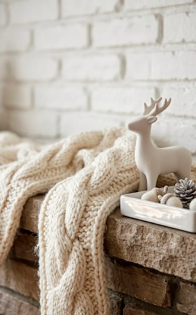 Close-up of white textures including a knit garland and matte ceramic decor on a fireplace.