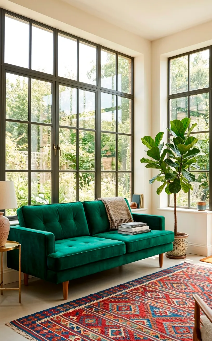 Mid-century modern emerald green velvet sofa with tapered wooden legs in a sunlit room.