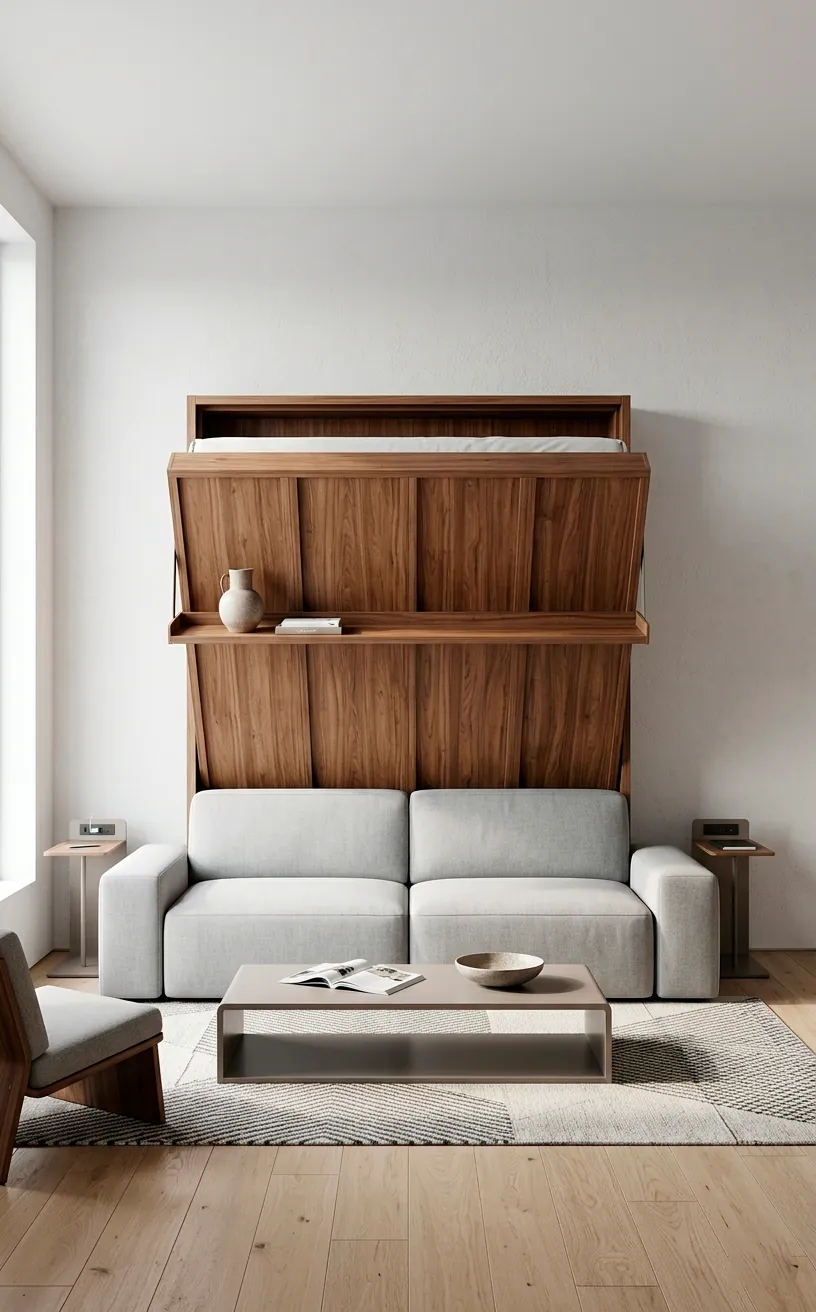 Modern Murphy bed folding over a gray sofa in a bright living room.