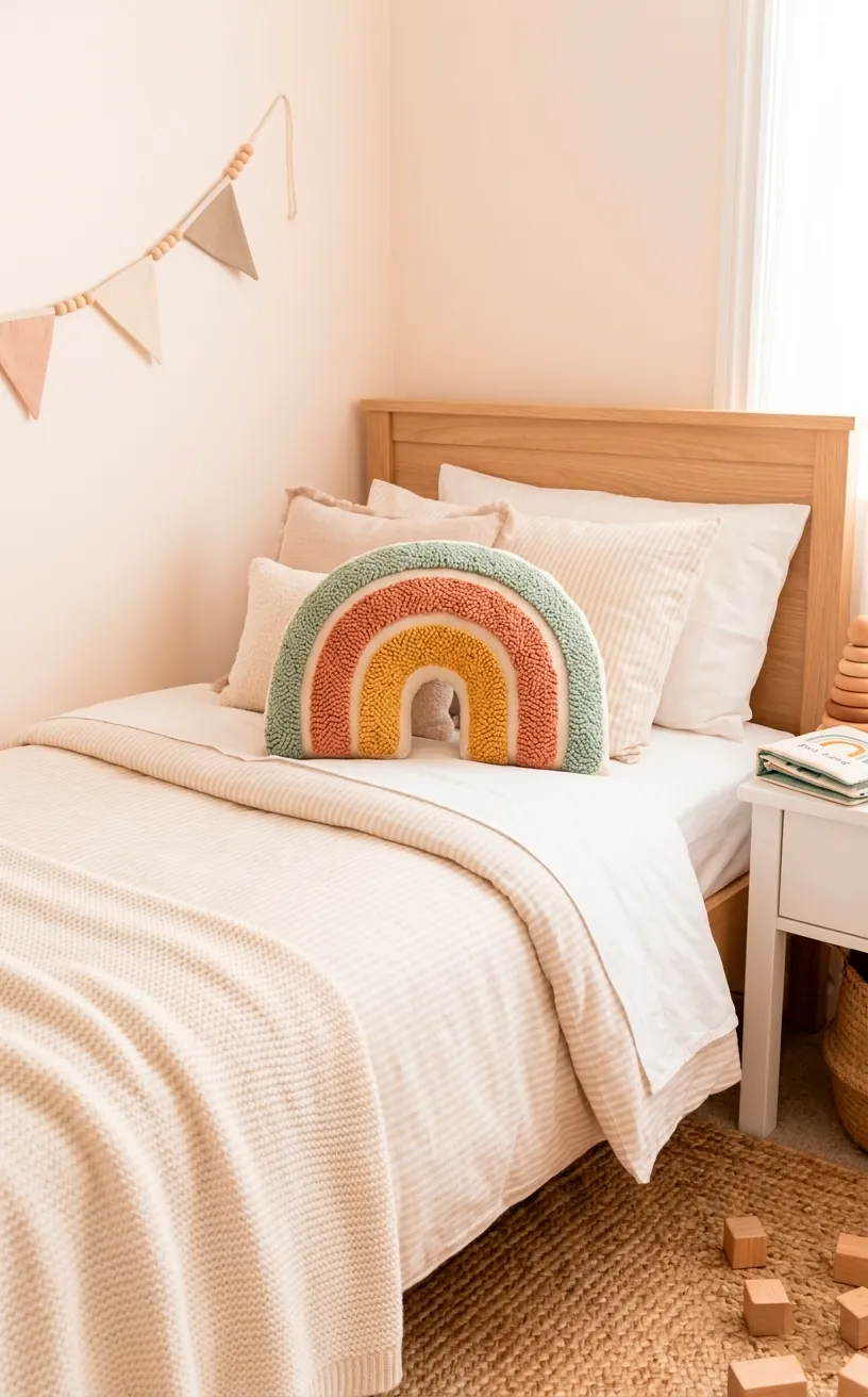 Pastel tufted rainbow cushion with raised loop textures sitting on a bright kids bed setup.