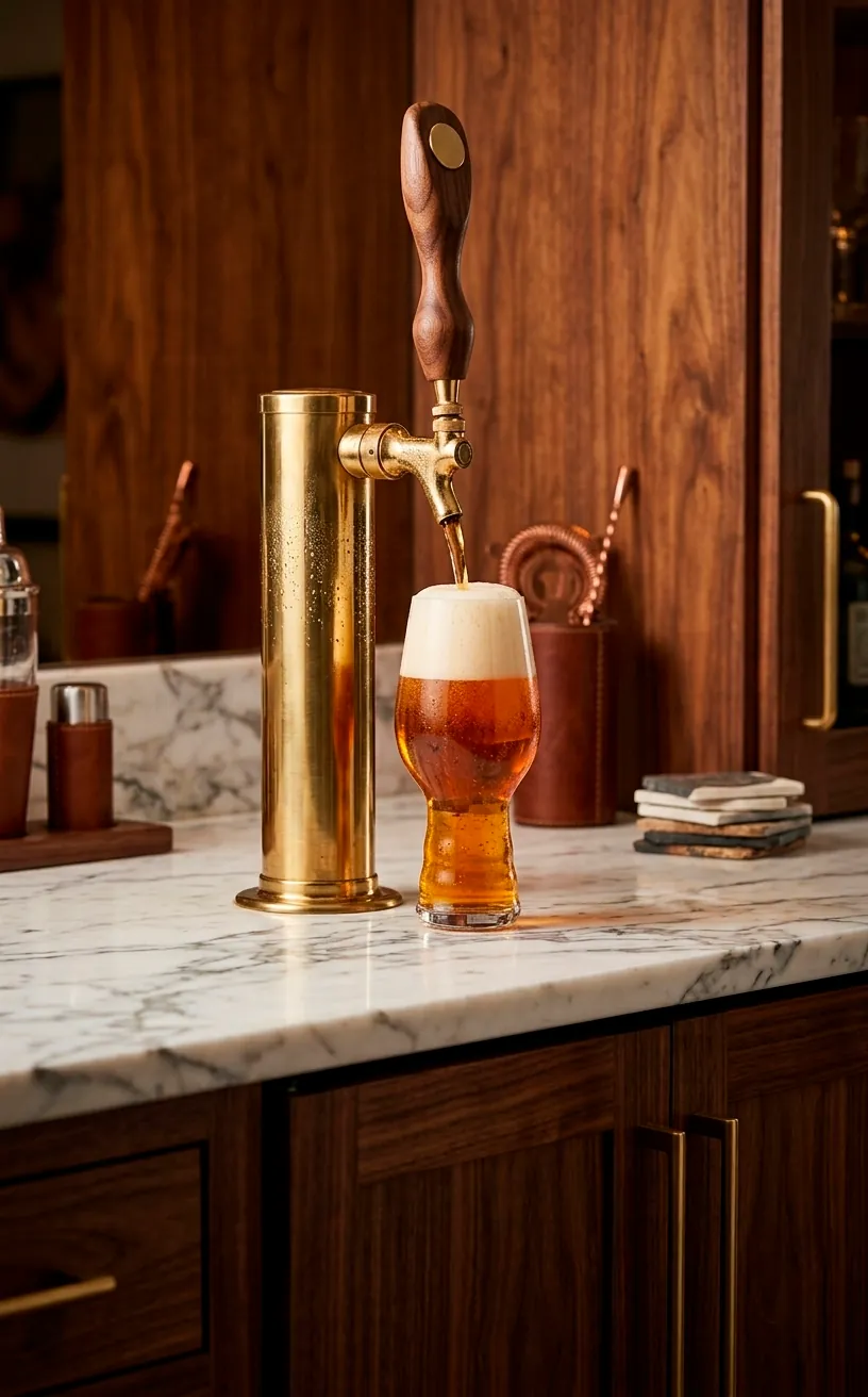 A luxury under-counter home bar kegerator with a polished brass tap tower on a white marble countertop.