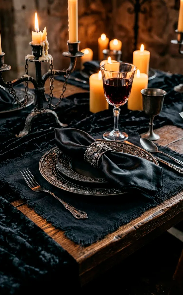 Close up of black velvet table runner and tarnished silver napkin rings