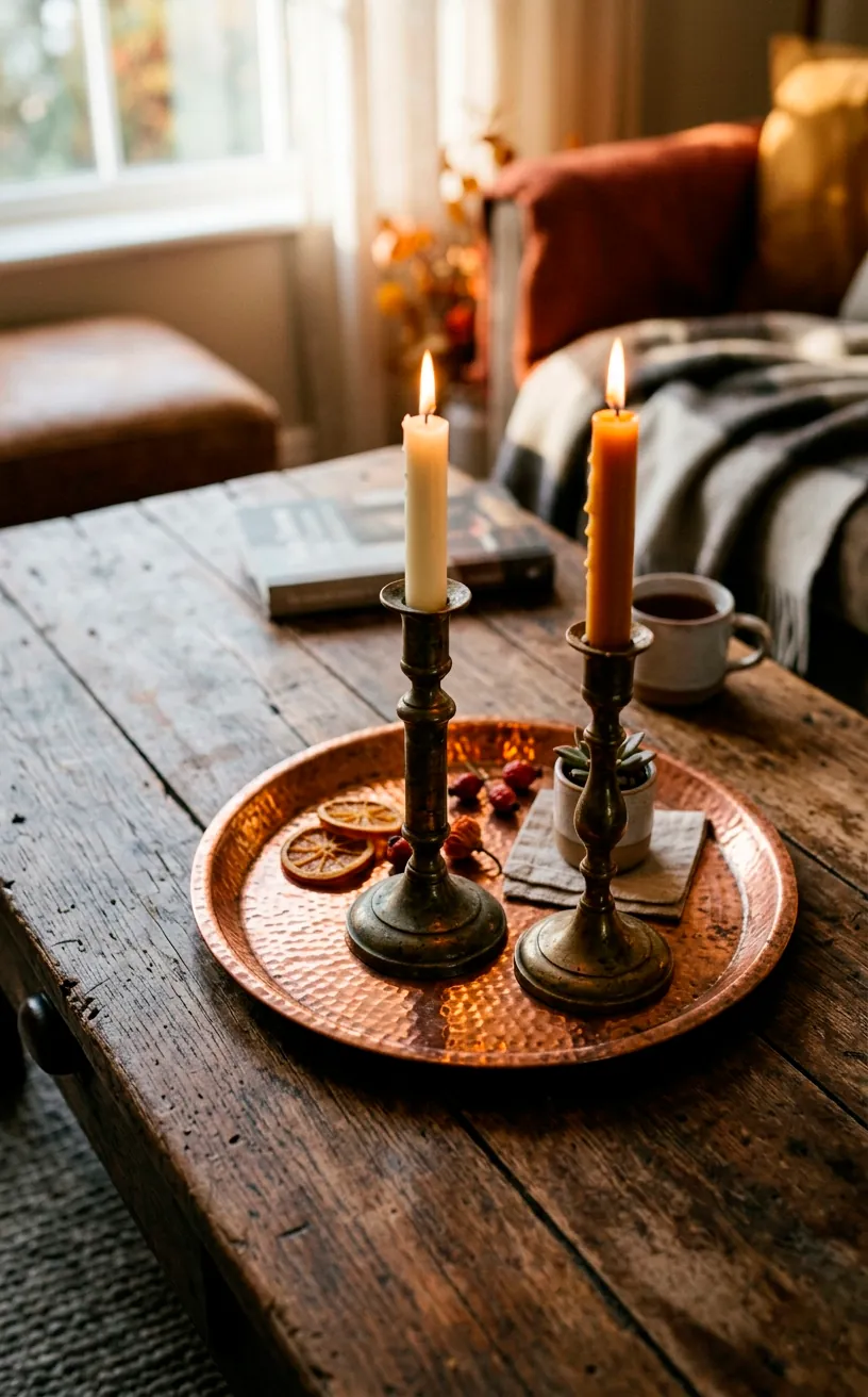 Antique brass candlesticks and copper tray on a coffee table