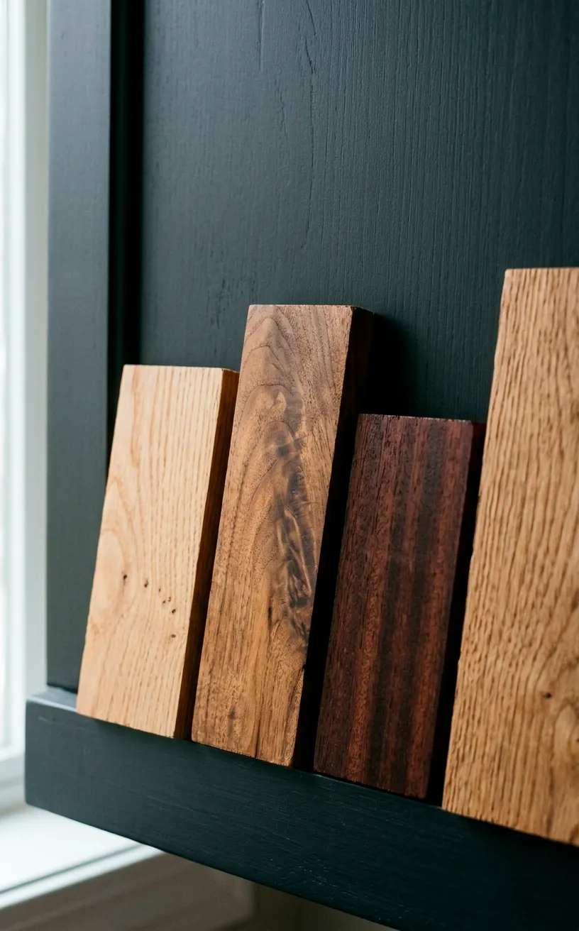 Various rich wood swatches like white oak and walnut resting against a matte charcoal cabinet door.