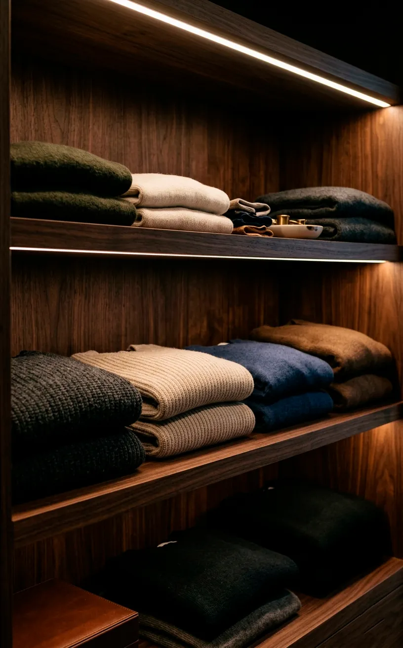 Dark walnut closet shelves softly illuminated by warm hidden LED strip lights.