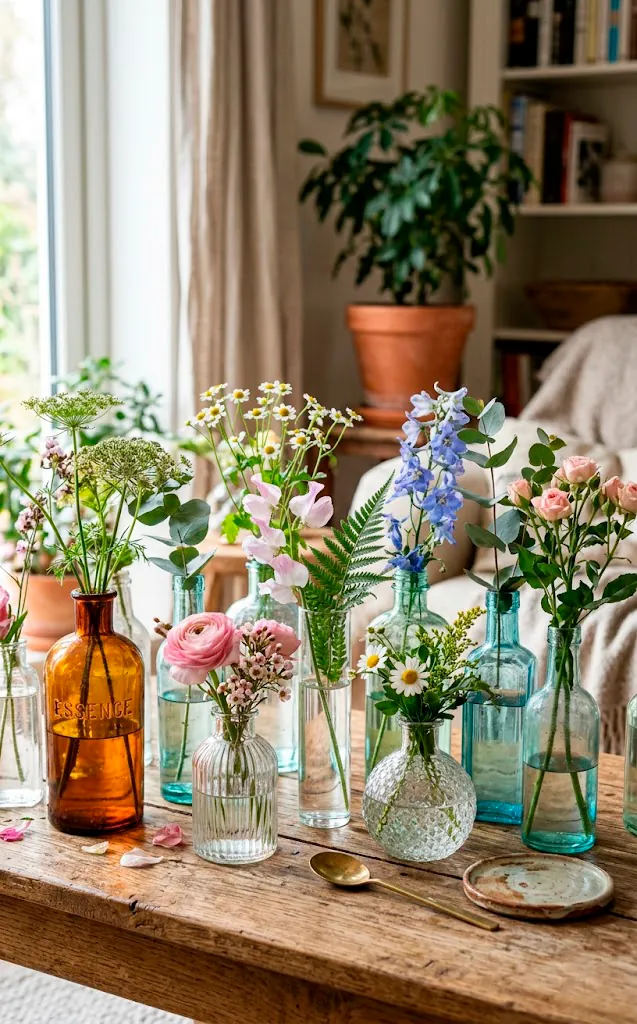 Collection of mismatched vintage and modern glass bud vases on a wooden table